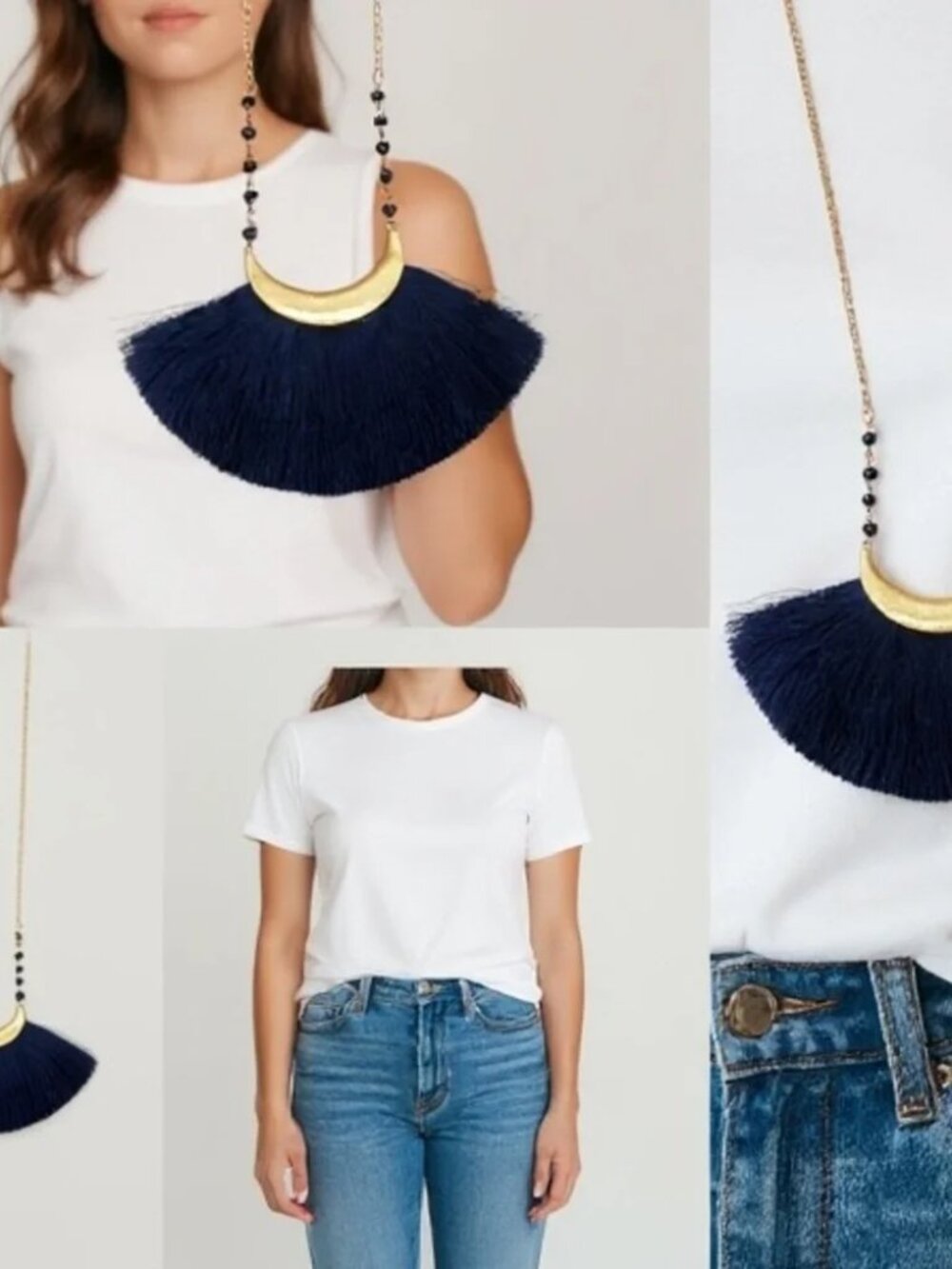 Navy Fringe Necklace with earrings Gold Accents